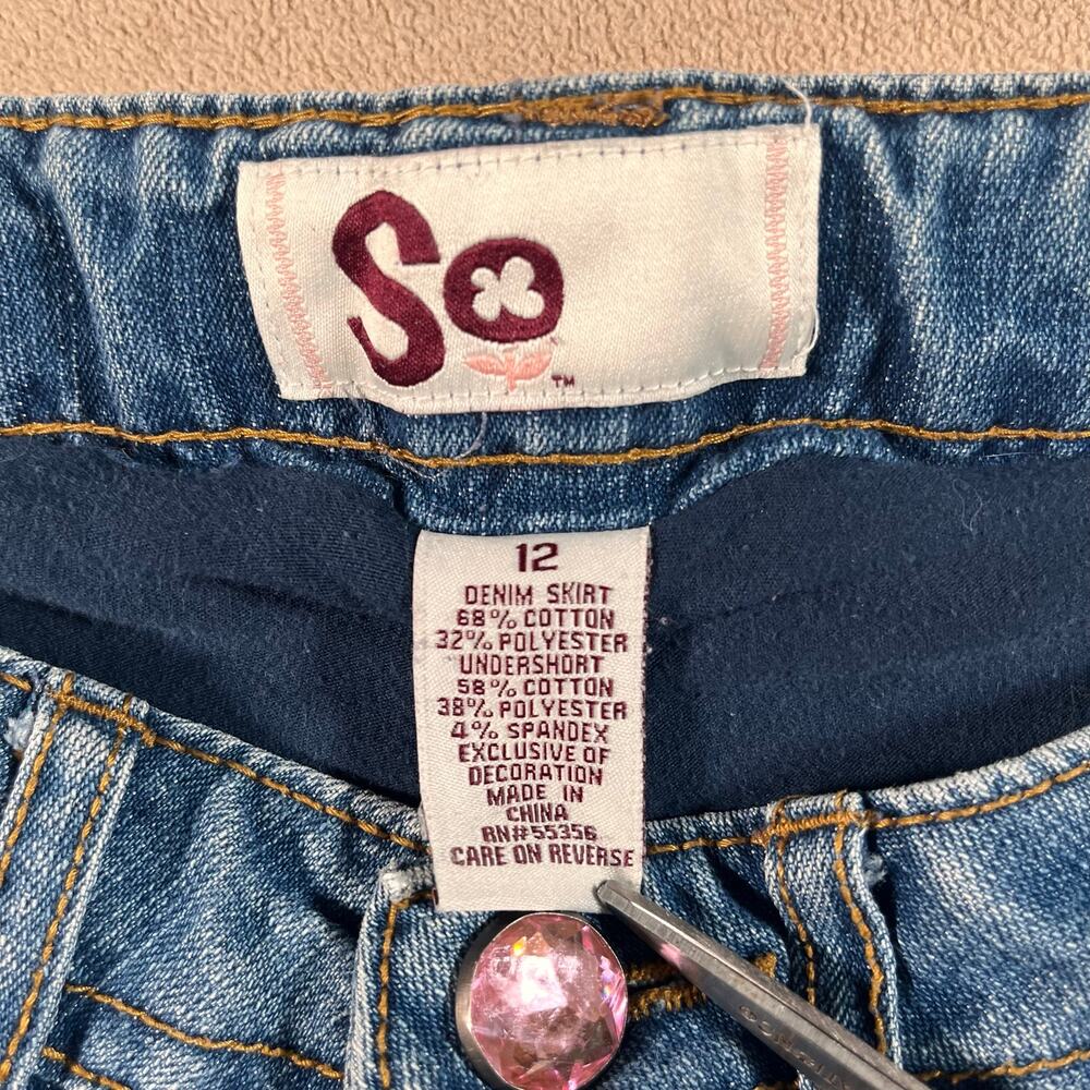 VTG Y2K Micro Mini Denim Skirt Mcbling Baddie Sequins Heart Girls Sz 12 Wmns 0 - Picture 2 of 8